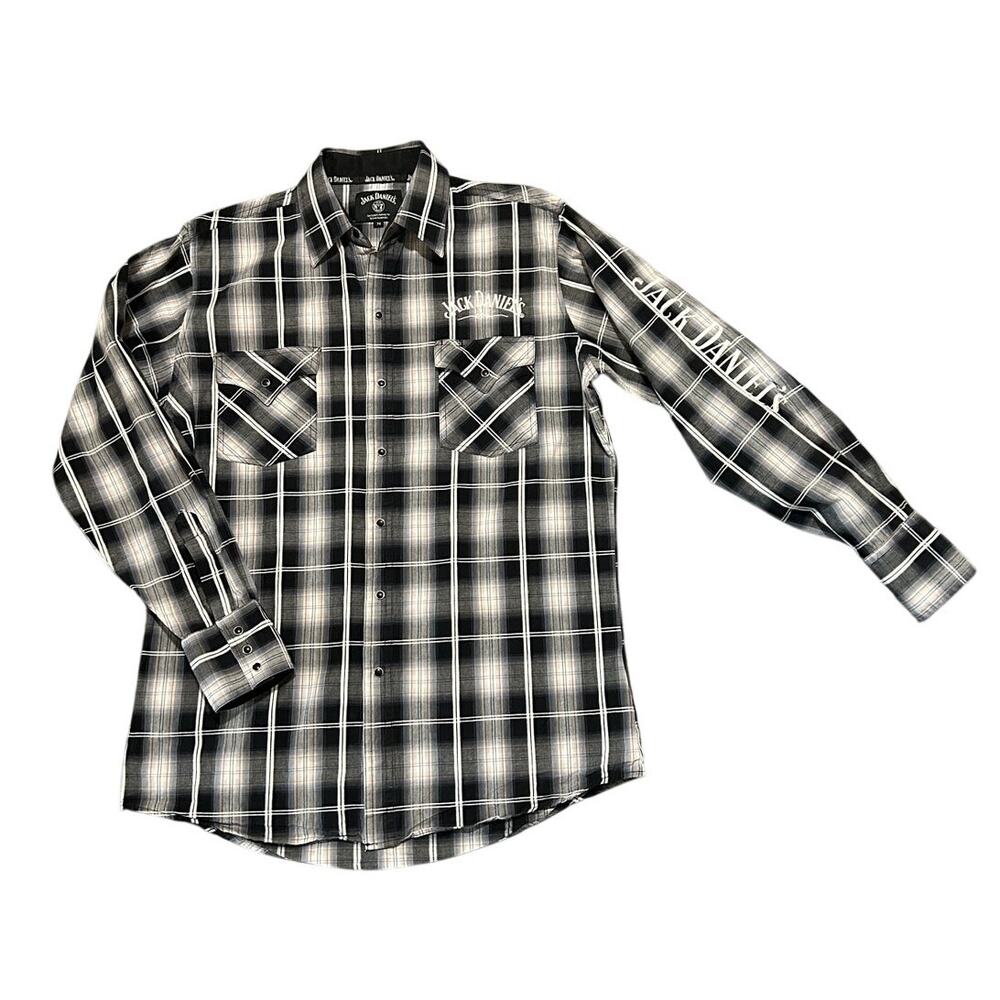 Jack Daniel’s Old No. 7 Plaid Western Snap Button Shirt Men’s Medium Black Gray